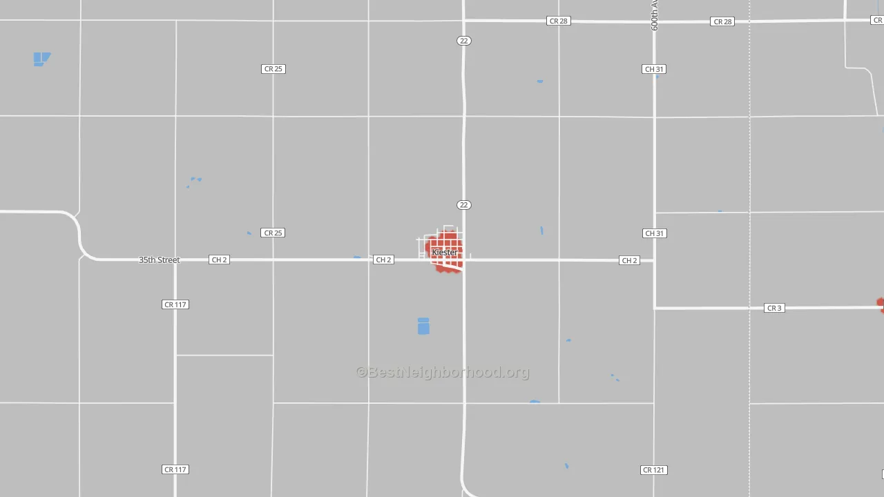 Walk Grade map of 56051, MN, walkable areas in green and car-dependent areas in red