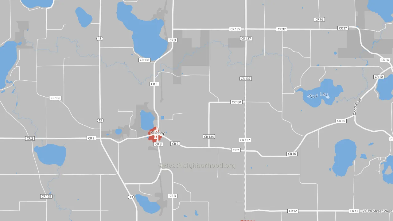 Walk Grade map of 56052, MN, walkable areas in green and car-dependent areas in red