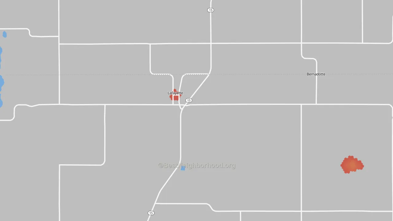 Walk Grade map of 56054, MN, walkable areas in green and car-dependent areas in red