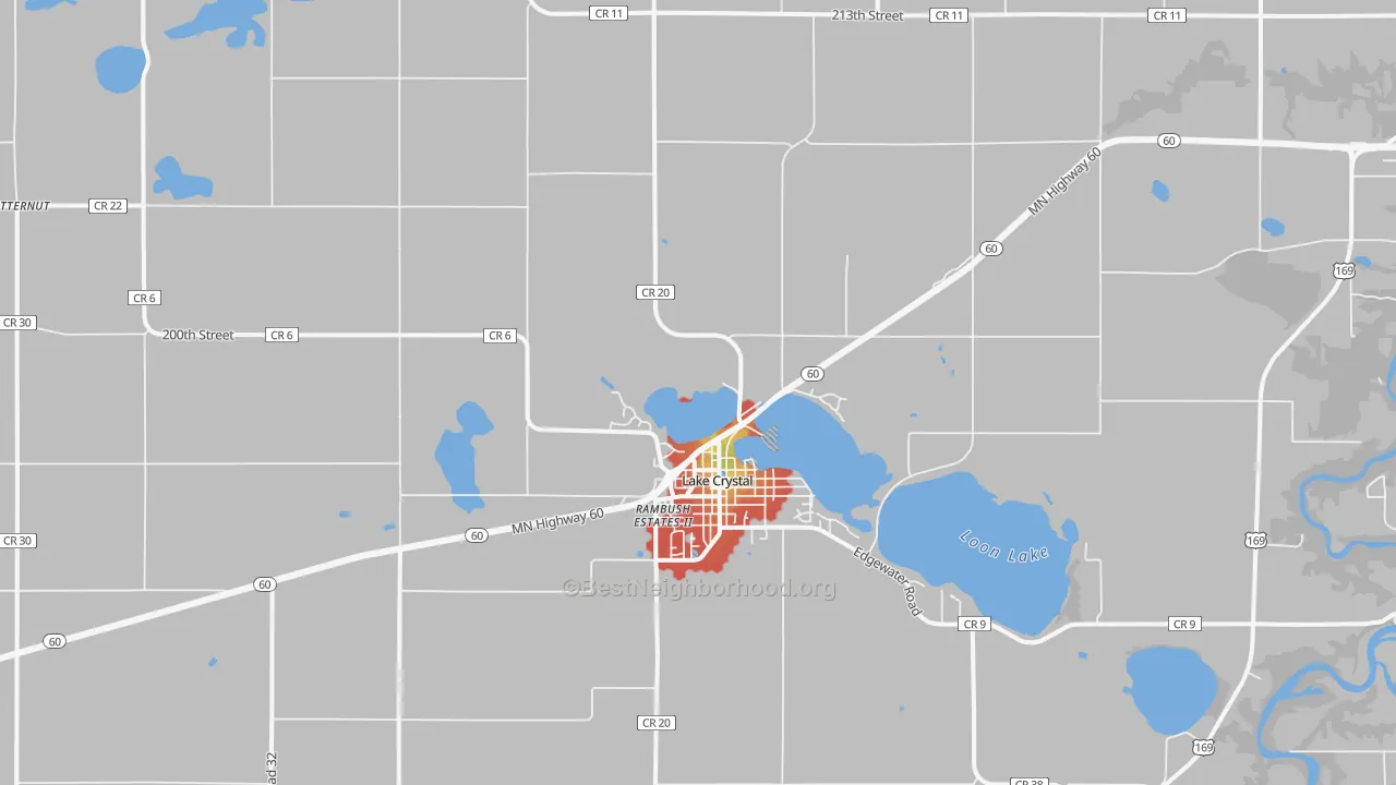 Walk Grade map of 56055, MN, walkable areas in green and car-dependent areas in red