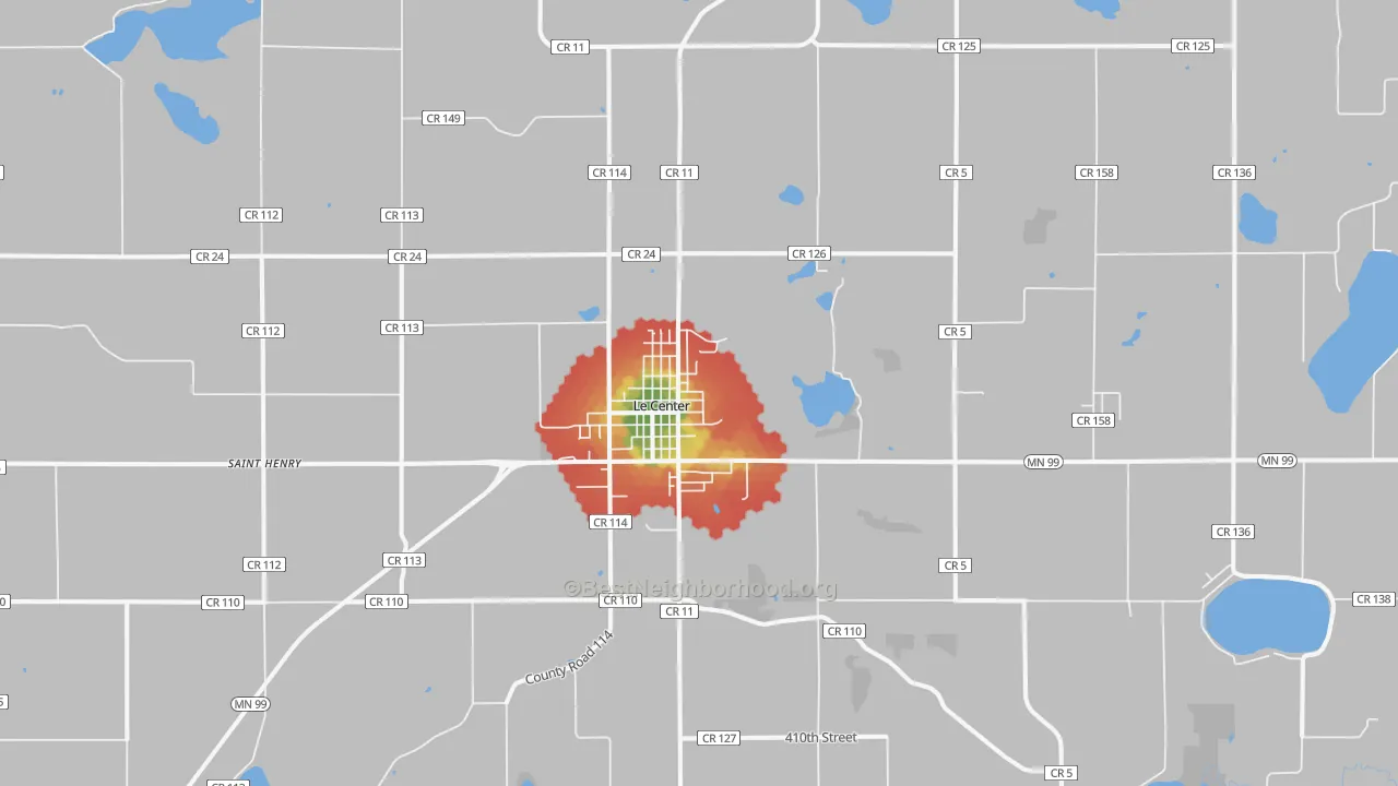 Walk Grade map of 56057, MN, walkable areas in green and car-dependent areas in red