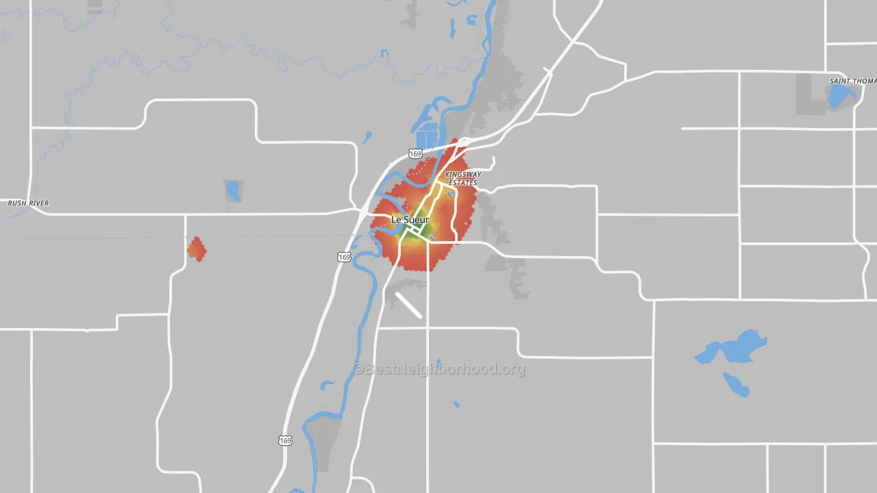 Walk Grade map of 56058, MN, walkable areas in green and car-dependent areas in red