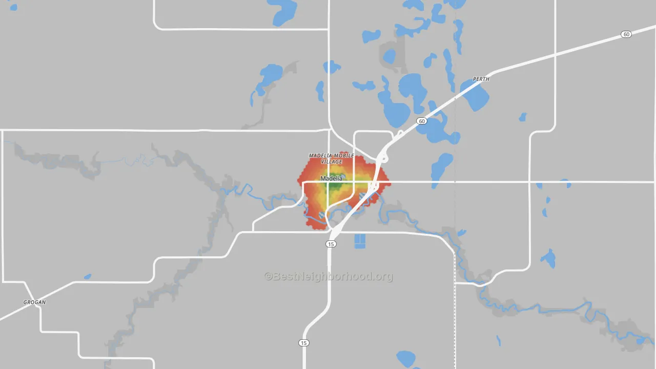 Walk Grade map of 56062, MN, walkable areas in green and car-dependent areas in red