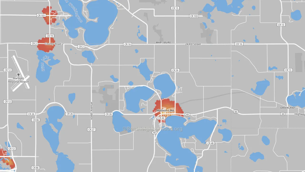 Walk Grade map of 56063, MN, walkable areas in green and car-dependent areas in red
