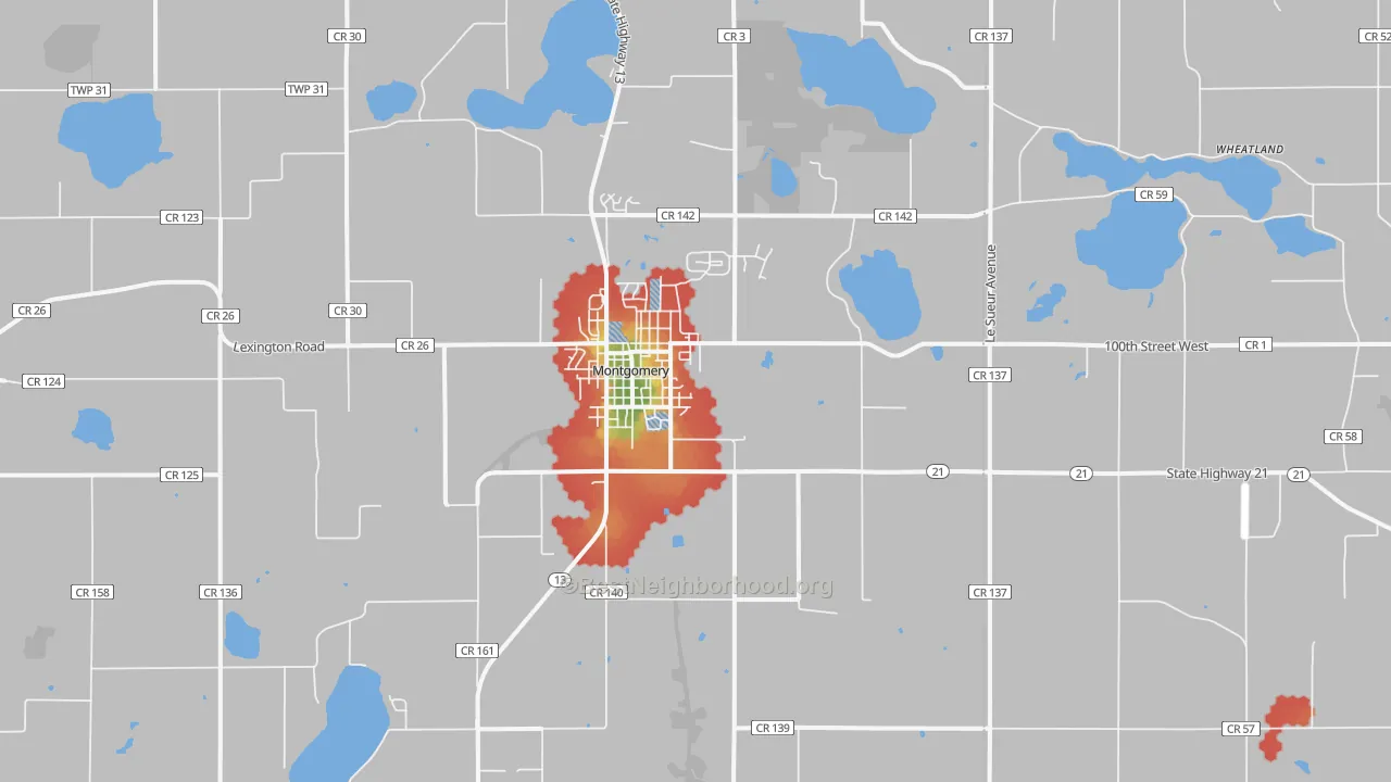 Walk Grade map of 56069, MN, walkable areas in green and car-dependent areas in red