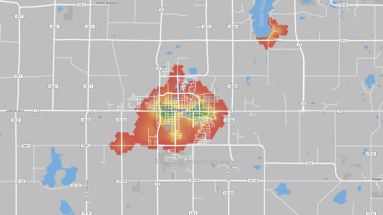 Walk Grade map of 56071, MN, walkable areas in green and car-dependent areas in red