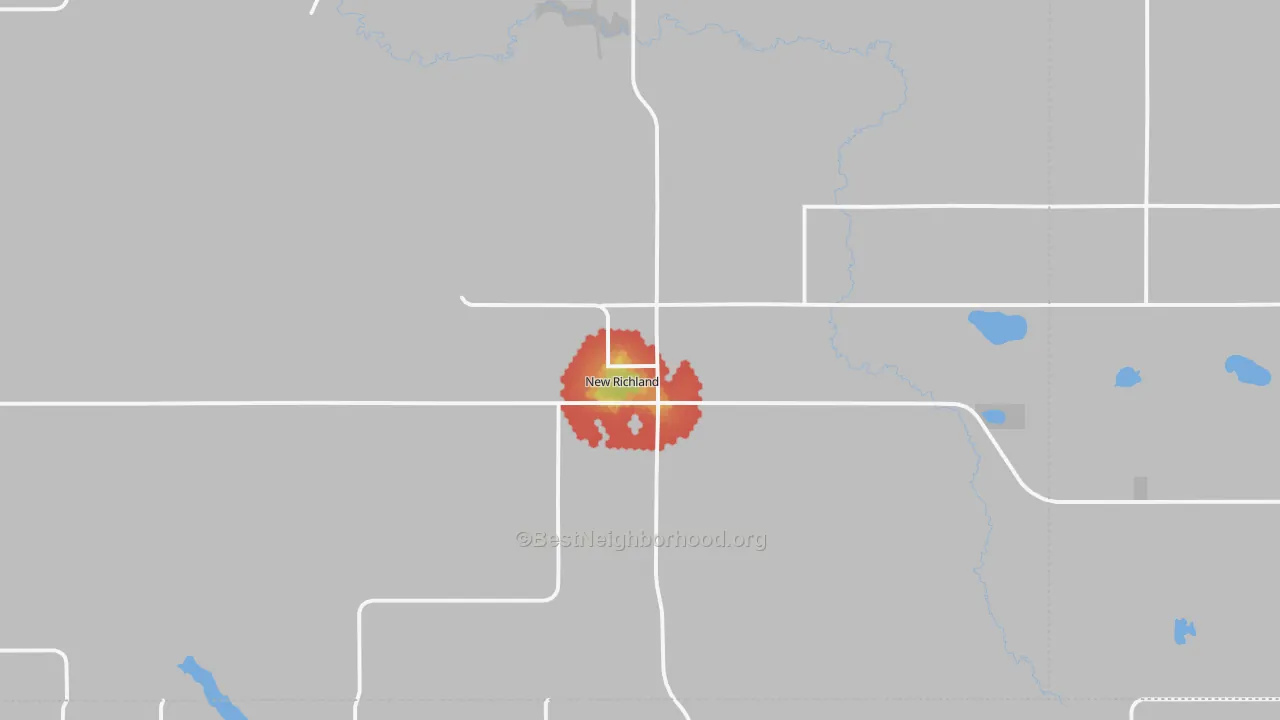 Walk Grade map of 56072, MN, walkable areas in green and car-dependent areas in red