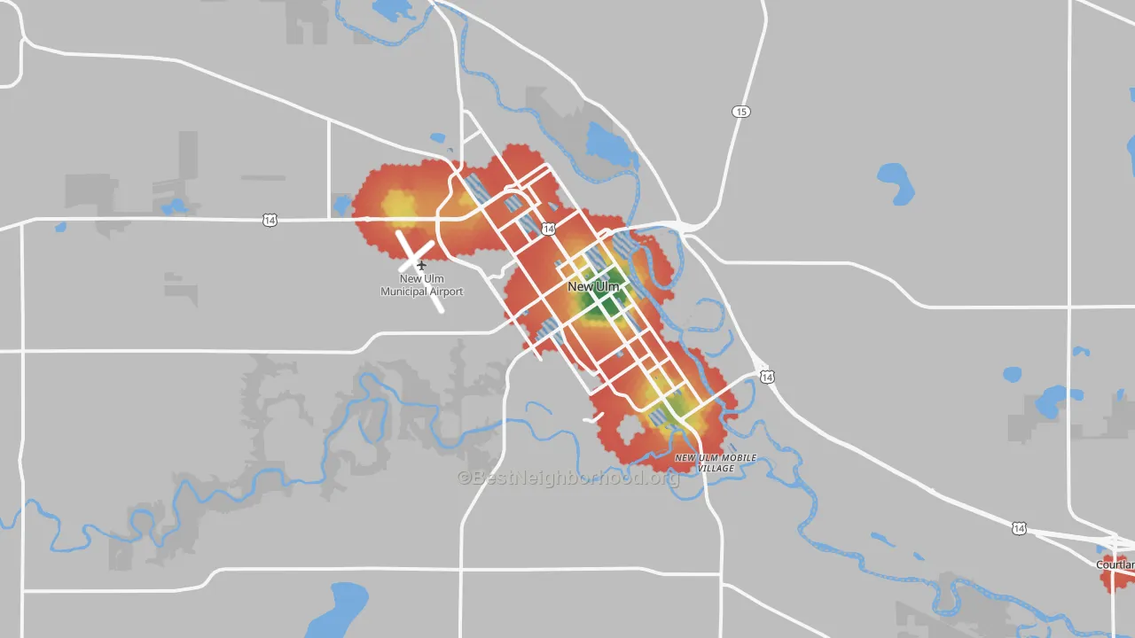 Walk Grade map of 56073, MN, walkable areas in green and car-dependent areas in red