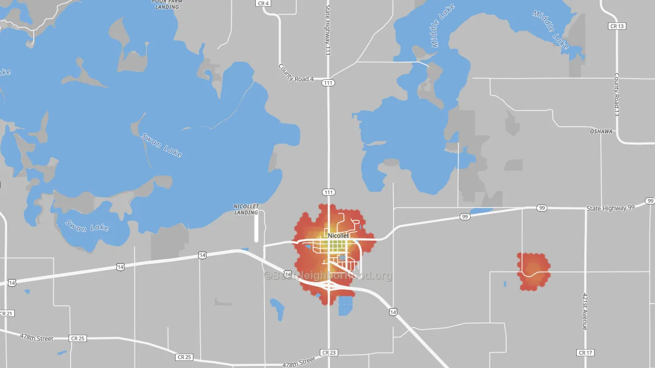 Walk Grade map of 56074, MN, walkable areas in green and car-dependent areas in red