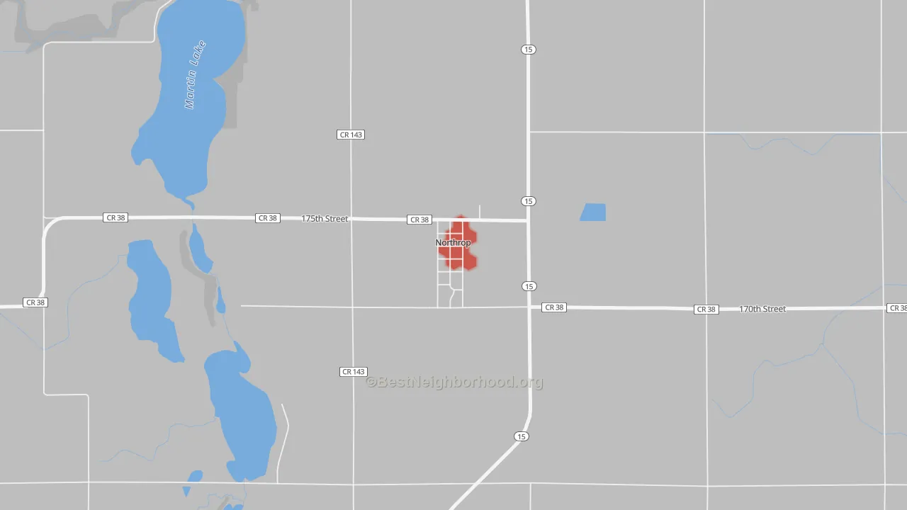 Walk Grade map of 56075, MN, walkable areas in green and car-dependent areas in red