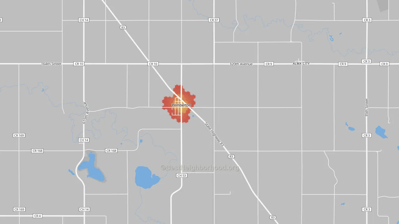 Walk Grade map of 56078, MN, walkable areas in green and car-dependent areas in red