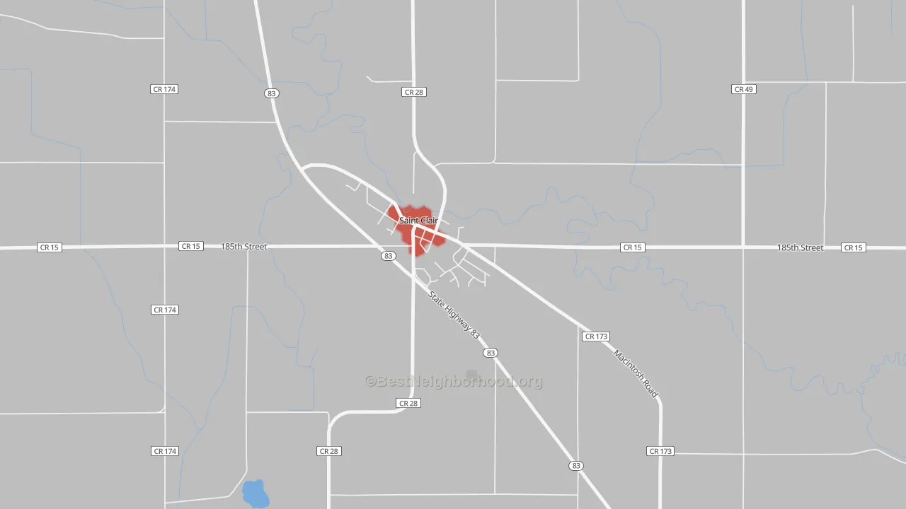 Walk Grade map of 56080, MN, walkable areas in green and car-dependent areas in red