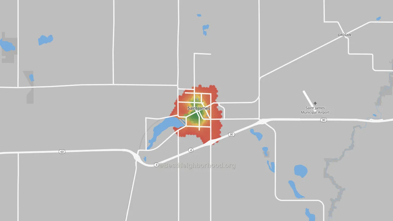 Walk Grade map of 56081, MN, walkable areas in green and car-dependent areas in red