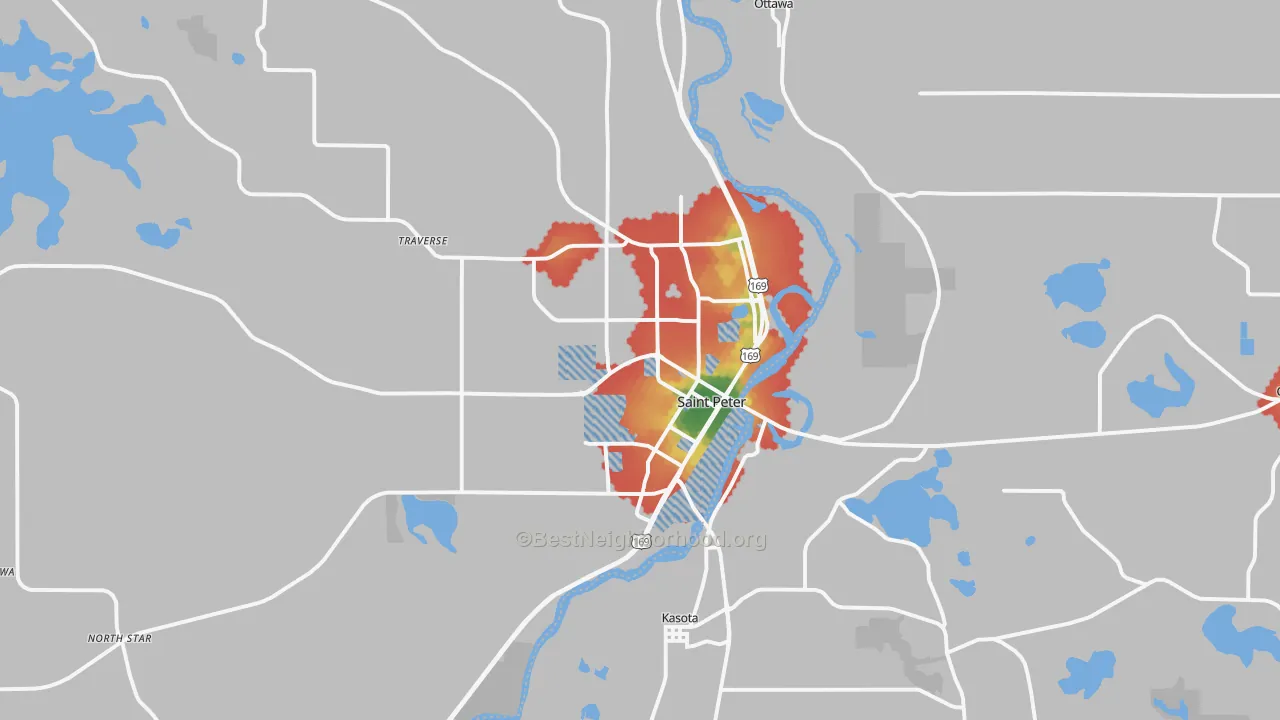 Walk Grade map of 56082, MN, walkable areas in green and car-dependent areas in red