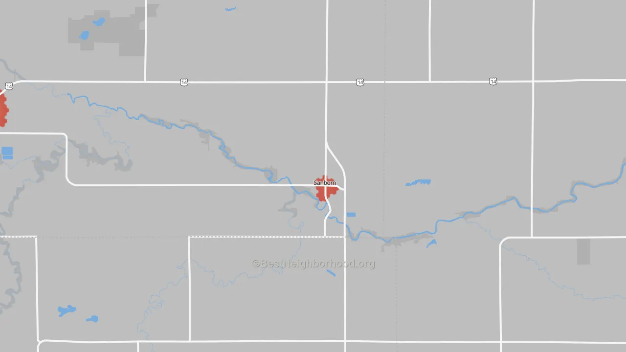 Walk Grade map of 56083, MN, walkable areas in green and car-dependent areas in red