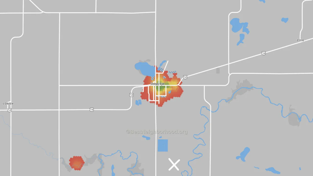 Walk Grade map of 56085, MN, walkable areas in green and car-dependent areas in red