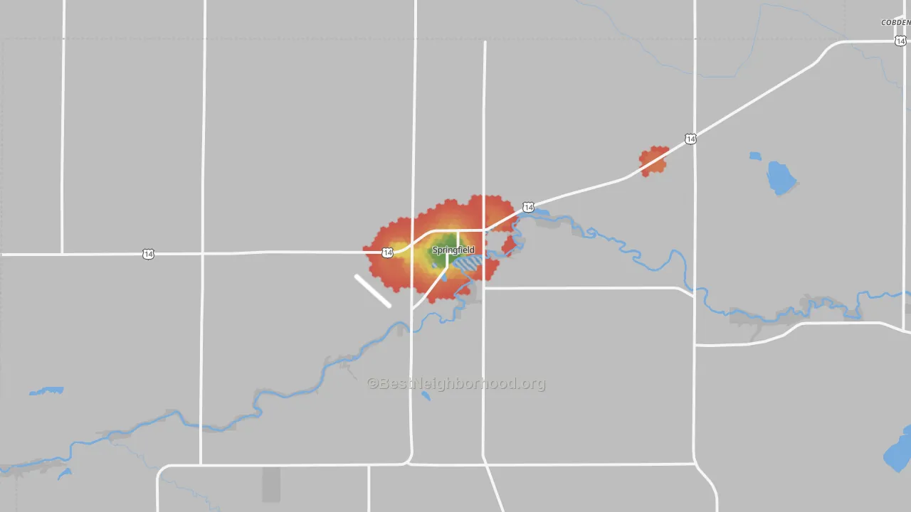Walk Grade map of 56087, MN, walkable areas in green and car-dependent areas in red
