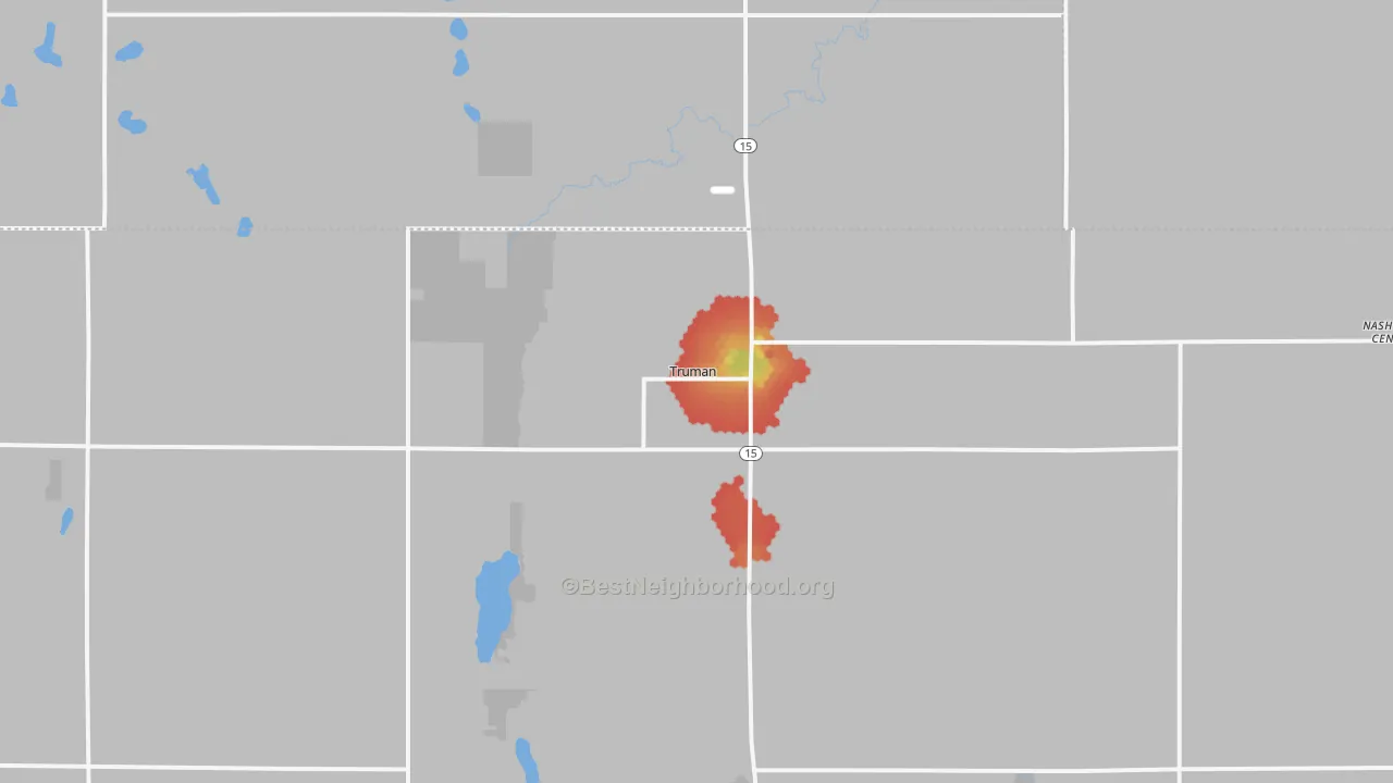 Walk Grade map of 56088, MN, walkable areas in green and car-dependent areas in red