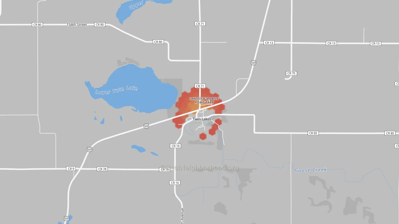 Walk Grade map of 56089, MN, walkable areas in green and car-dependent areas in red