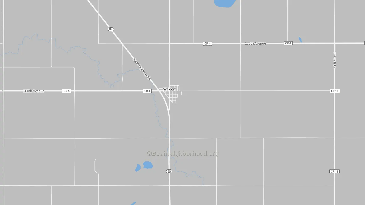 Walk Grade map of 56091, MN, walkable areas in green and car-dependent areas in red