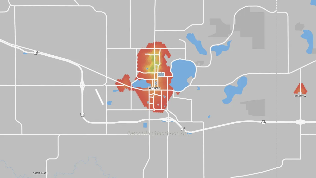 Walk Grade map of 56093, MN, walkable areas in green and car-dependent areas in red