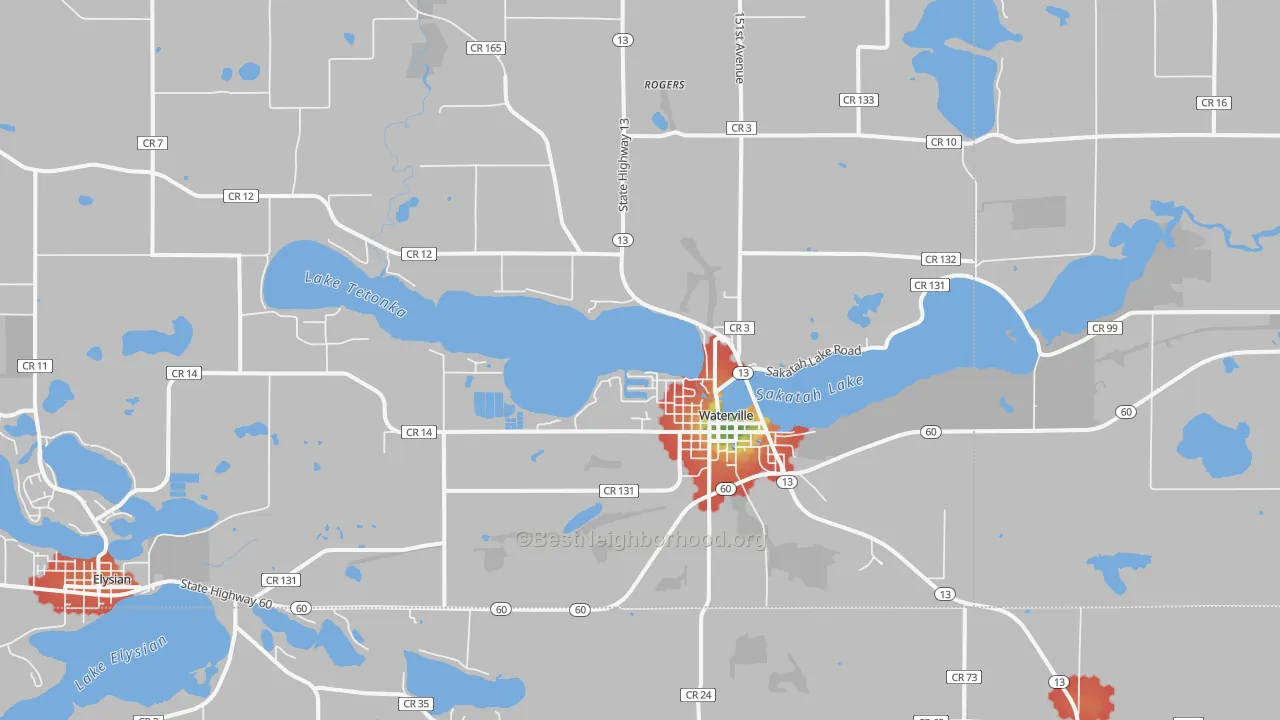 Walk Grade map of 56096, MN, walkable areas in green and car-dependent areas in red