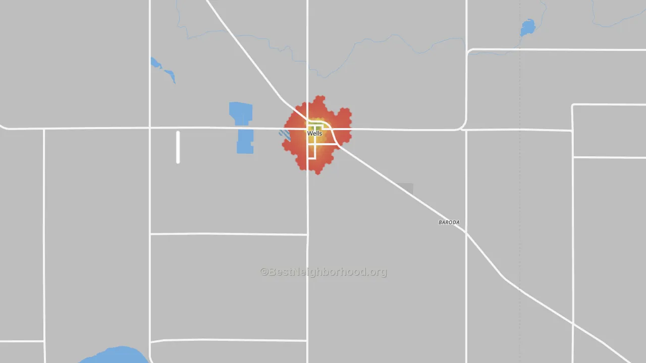 Walk Grade map of 56097, MN, walkable areas in green and car-dependent areas in red