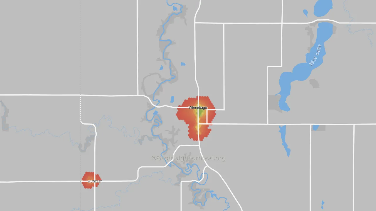 Walk Grade map of 56098, MN, walkable areas in green and car-dependent areas in red