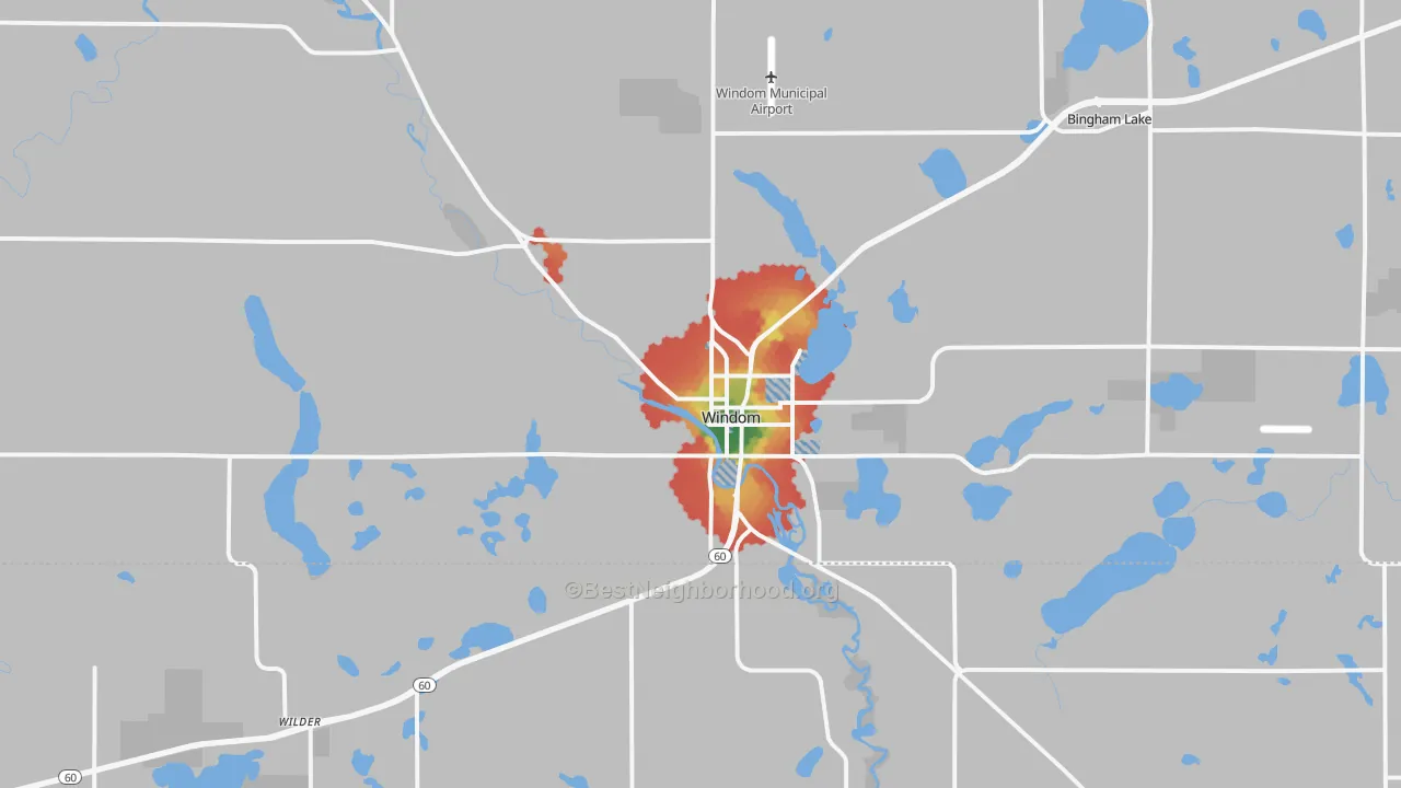 Walk Grade map of 56101, MN, walkable areas in green and car-dependent areas in red