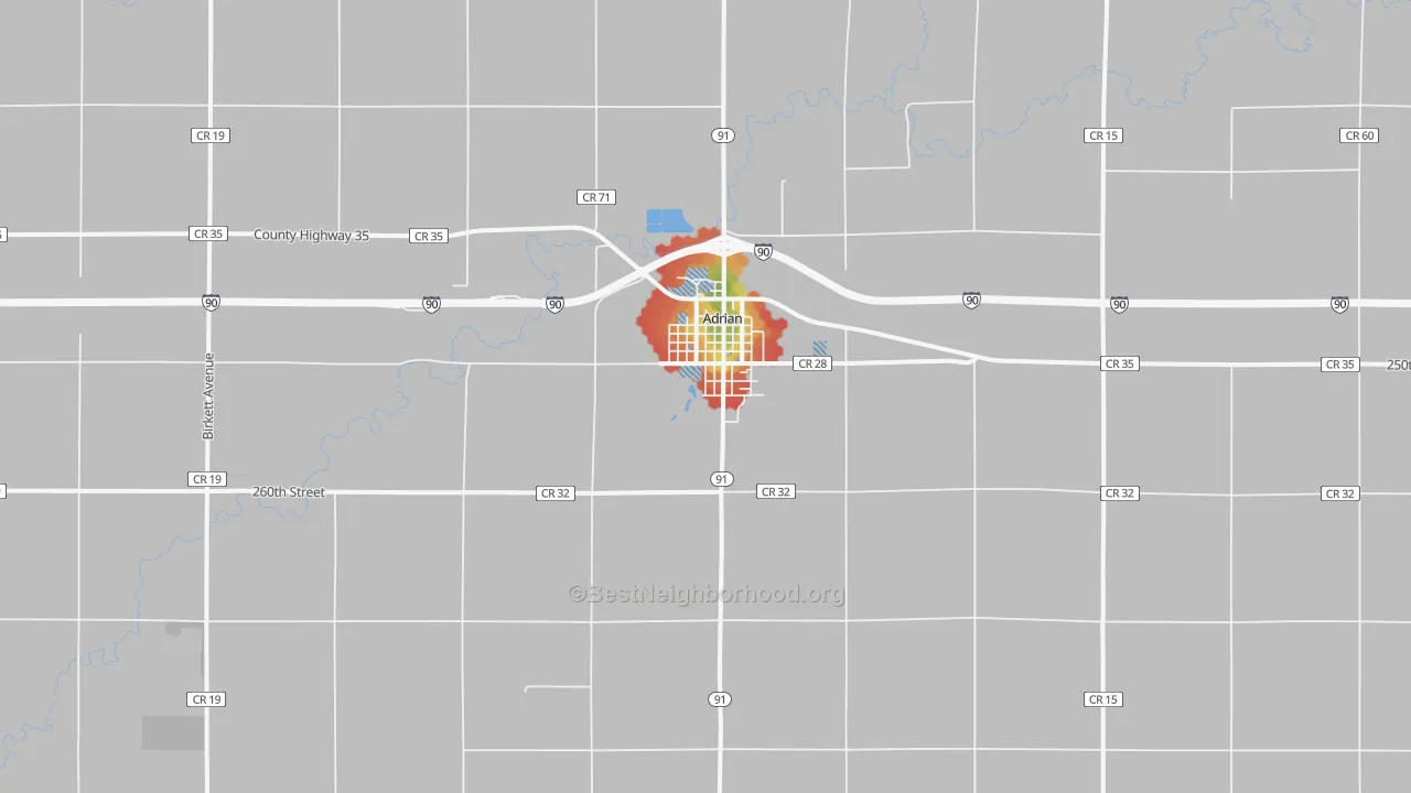 Walk Grade map of 56110, MN, walkable areas in green and car-dependent areas in red