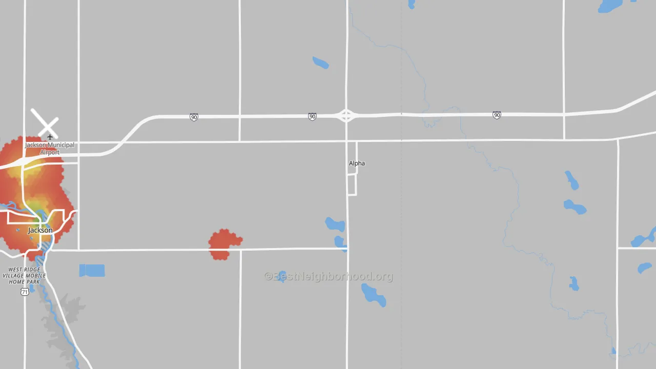 Walk Grade map of 56111, MN, walkable areas in green and car-dependent areas in red