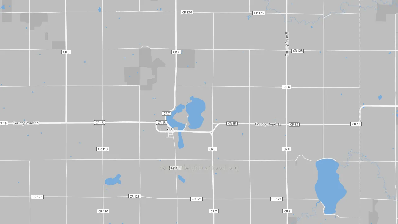 Walk Grade map of 56113, MN, walkable areas in green and car-dependent areas in red