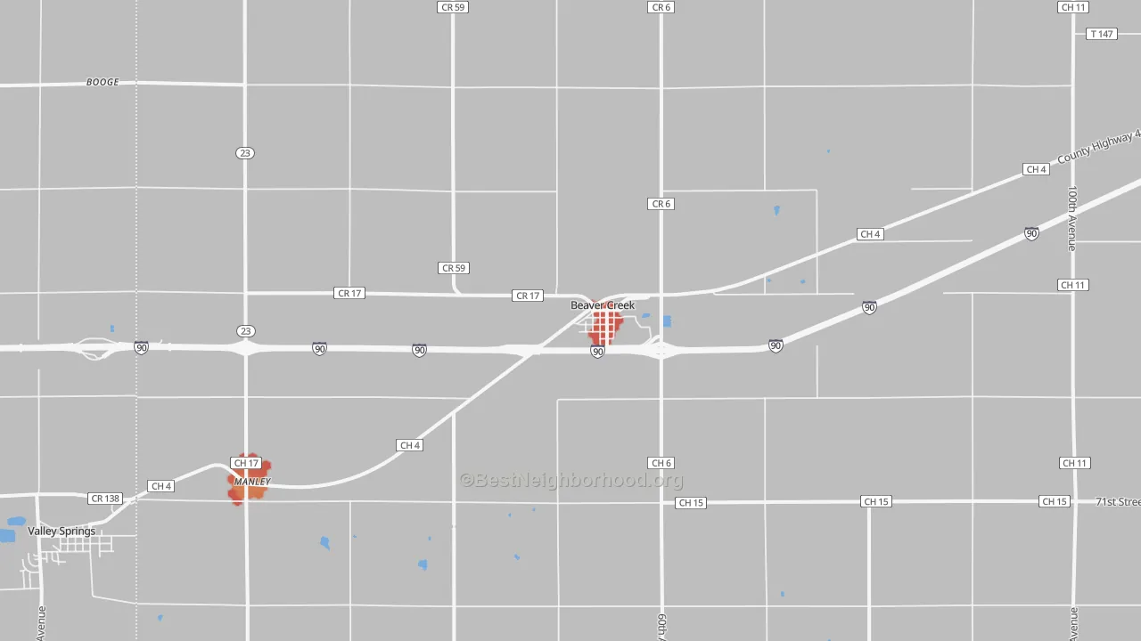 Walk Grade map of 56116, MN, walkable areas in green and car-dependent areas in red