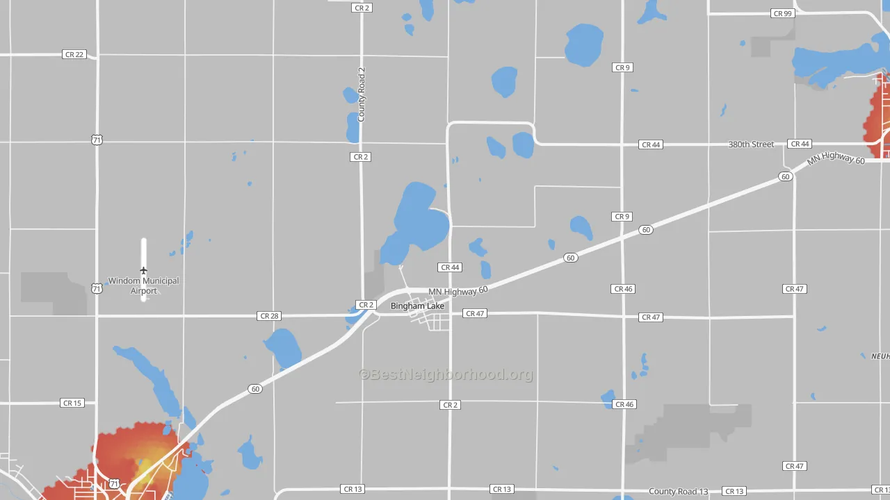 Walk Grade map of 56118, MN, walkable areas in green and car-dependent areas in red