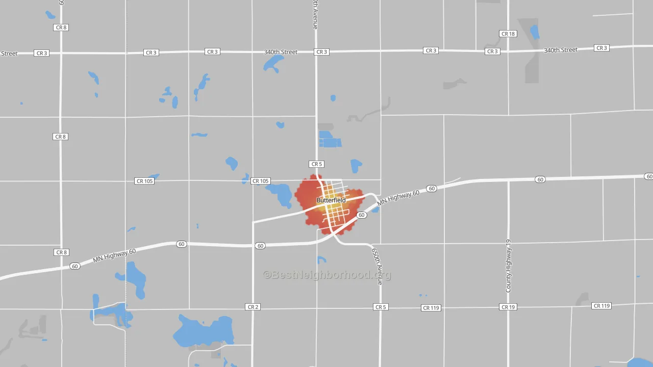 Walk Grade map of 56120, MN, walkable areas in green and car-dependent areas in red
