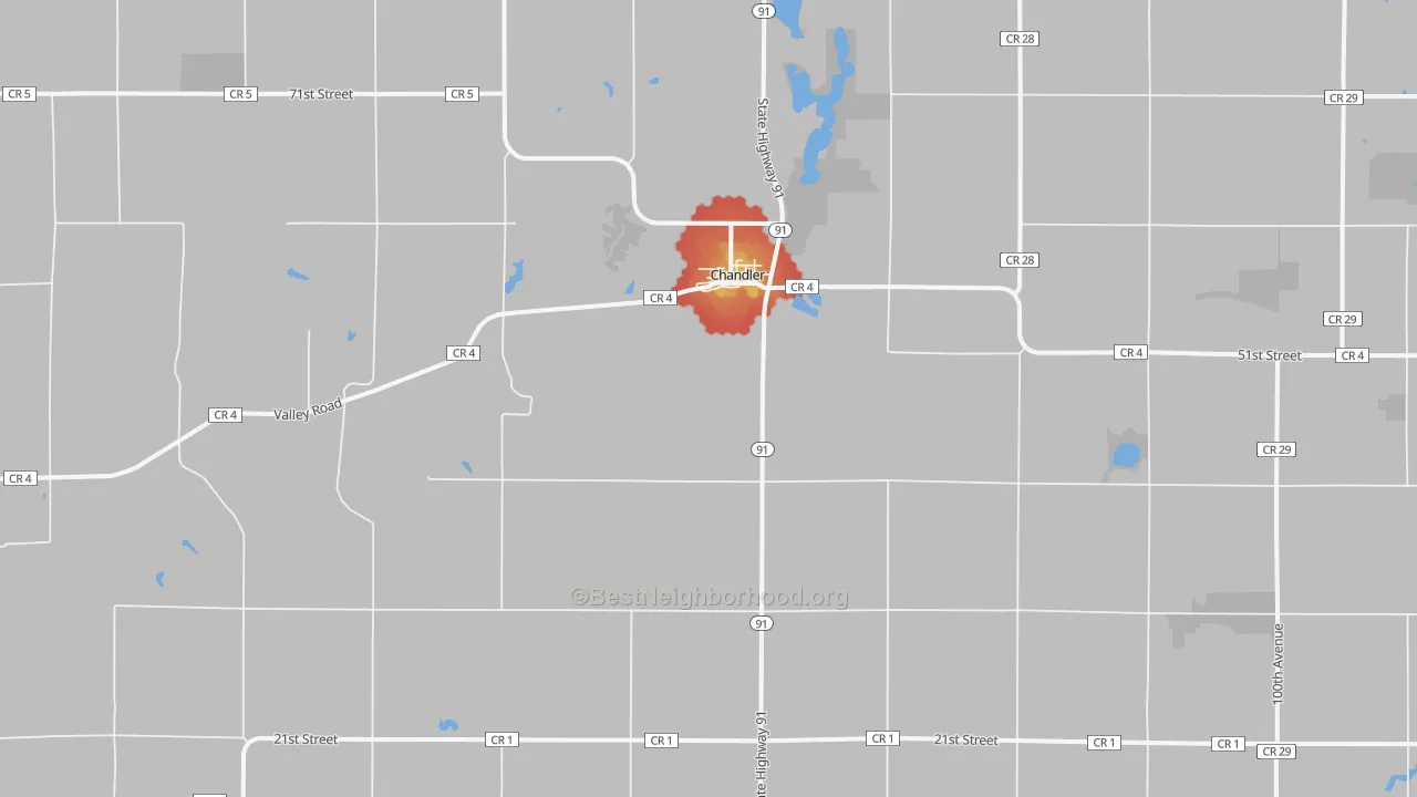 Walk Grade map of 56122, MN, walkable areas in green and car-dependent areas in red