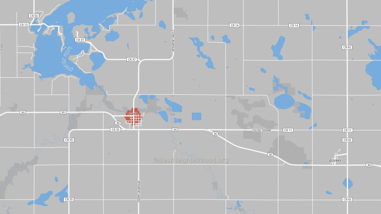 Walk Grade map of 56123, MN, walkable areas in green and car-dependent areas in red