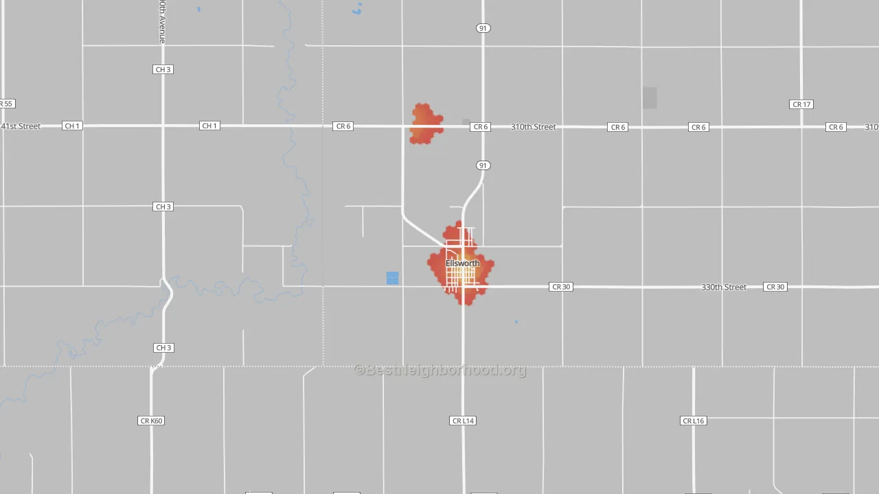 Walk Grade map of 56129, MN, walkable areas in green and car-dependent areas in red