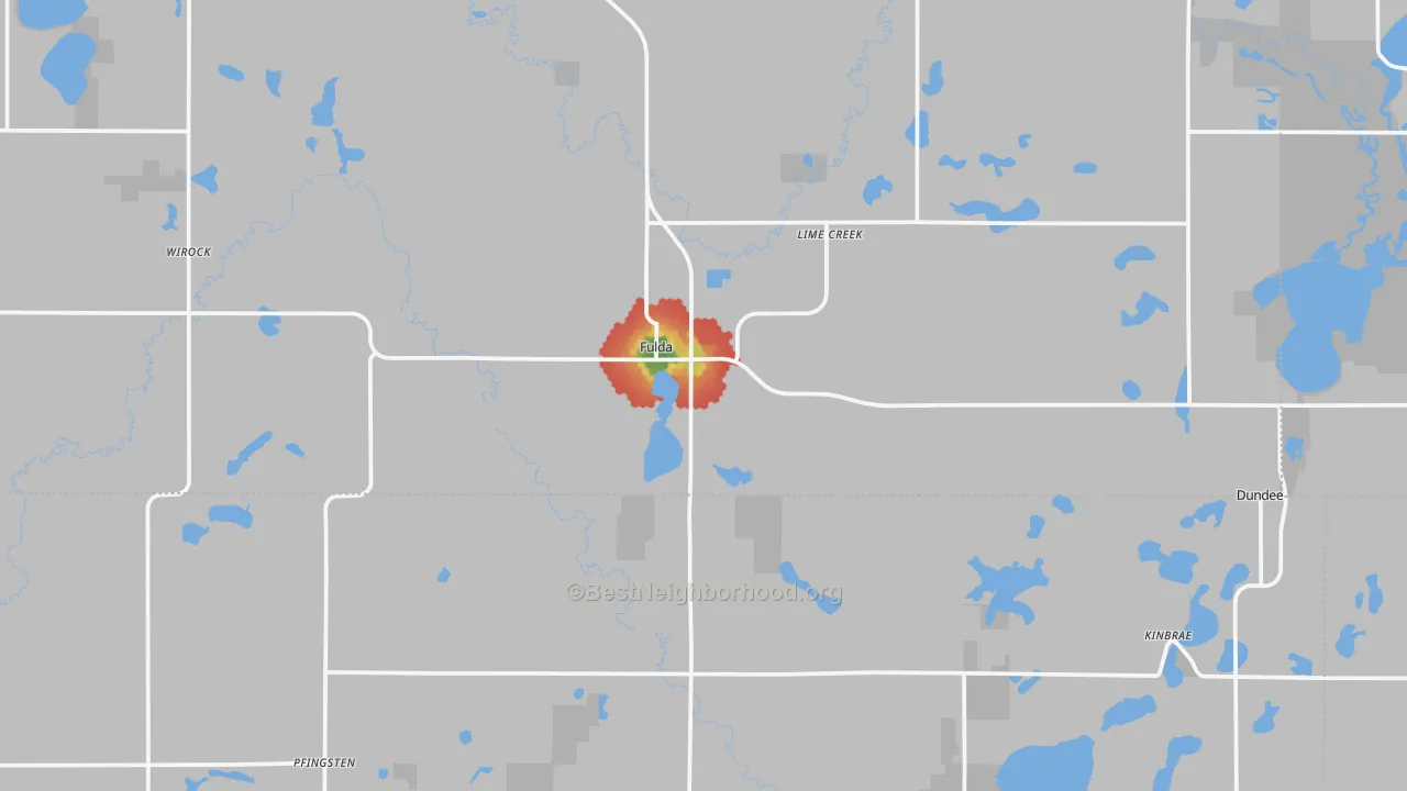 Walk Grade map of 56131, MN, walkable areas in green and car-dependent areas in red