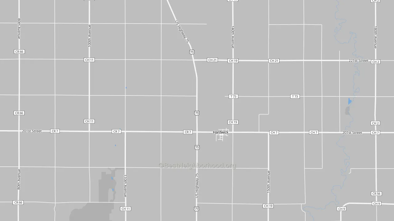 Walk Grade map of 56134, MN, walkable areas in green and car-dependent areas in red