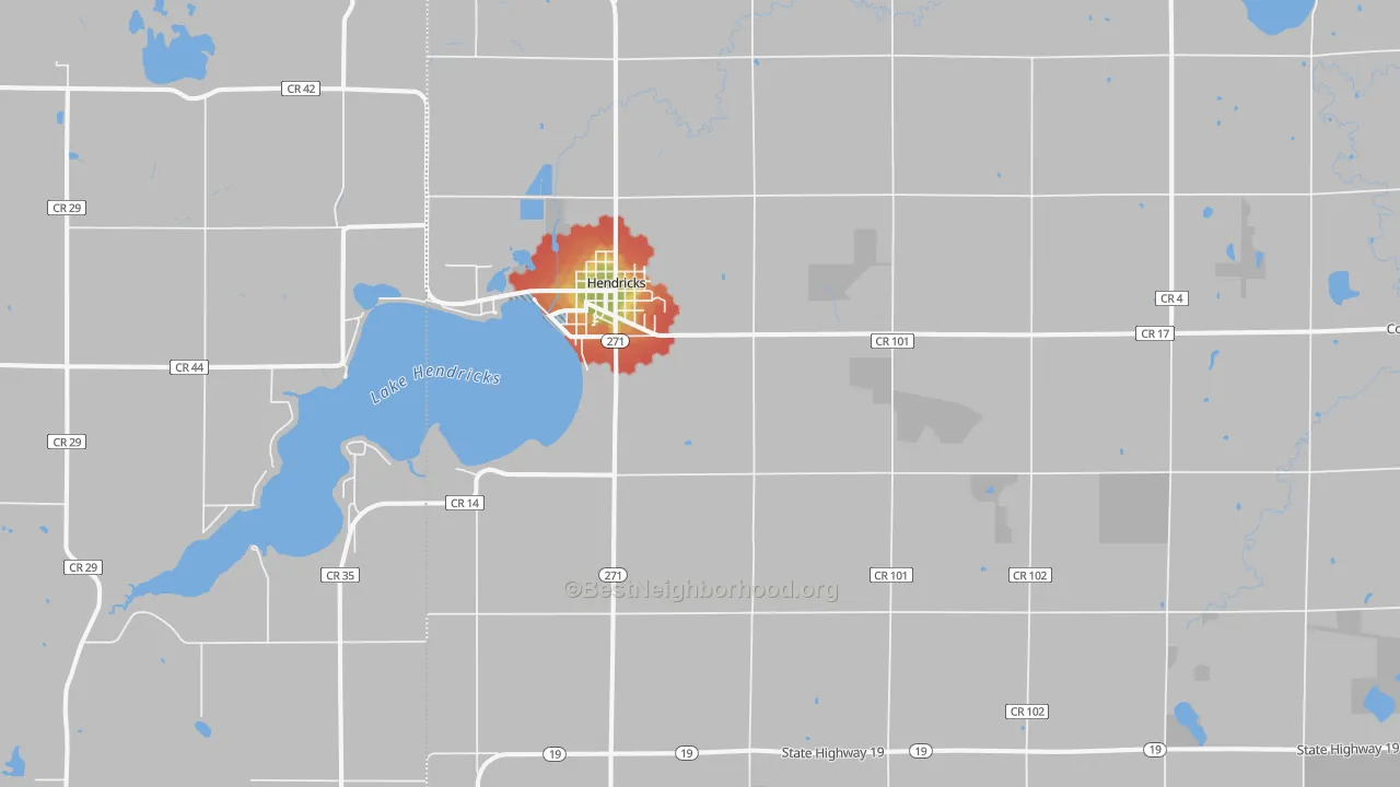 Walk Grade map of 56136, MN, walkable areas in green and car-dependent areas in red