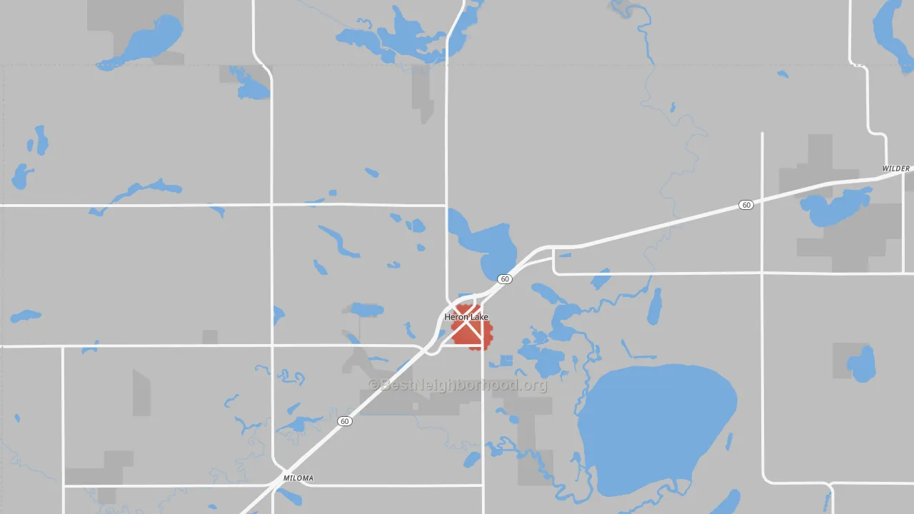 Walk Grade map of 56137, MN, walkable areas in green and car-dependent areas in red