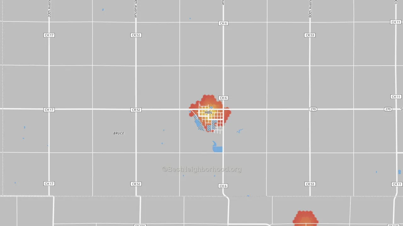 Walk Grade map of 56138, MN, walkable areas in green and car-dependent areas in red