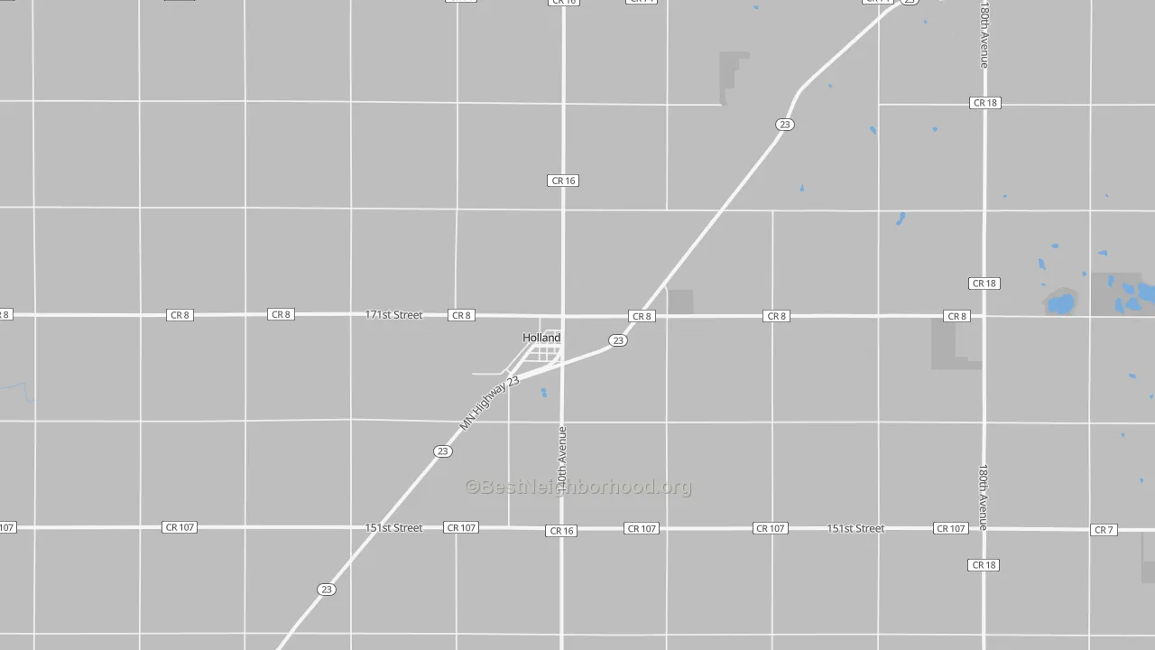 Walk Grade map of 56139, MN, walkable areas in green and car-dependent areas in red