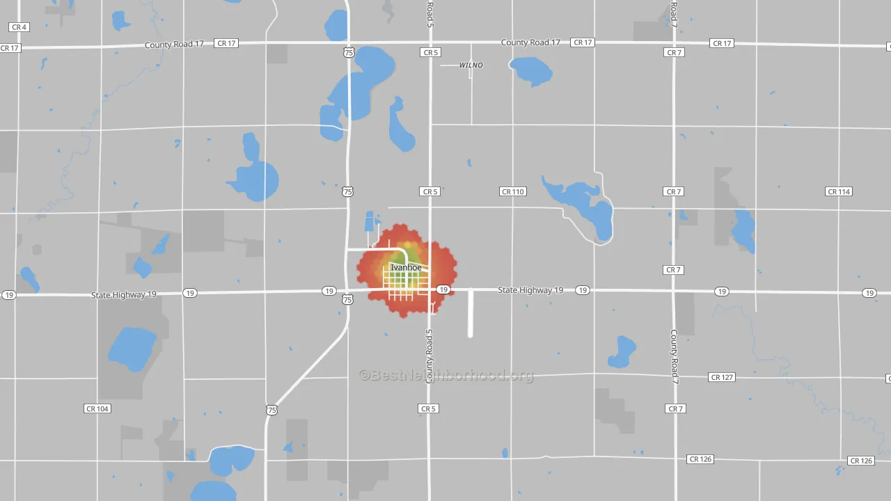Walk Grade map of 56142, MN, walkable areas in green and car-dependent areas in red