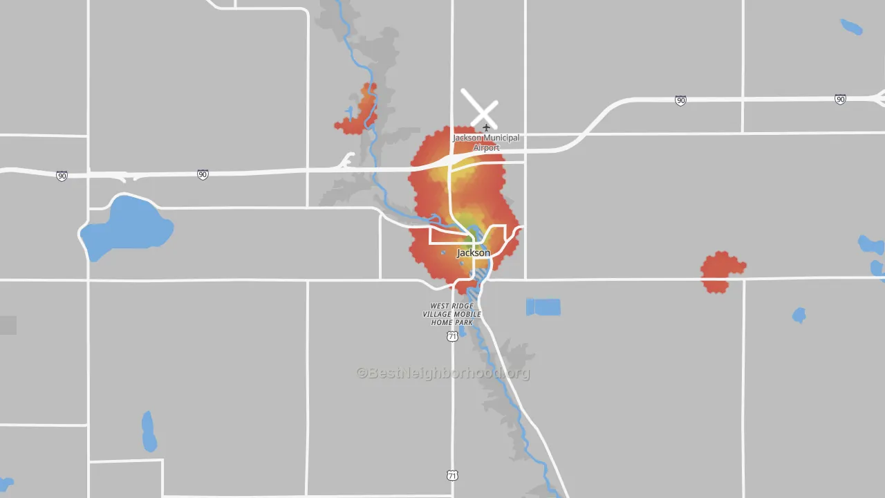 Walk Grade map of 56143, MN, walkable areas in green and car-dependent areas in red