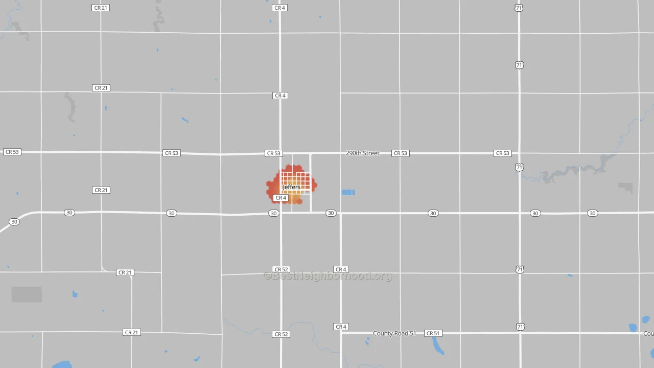 Walk Grade map of 56145, MN, walkable areas in green and car-dependent areas in red