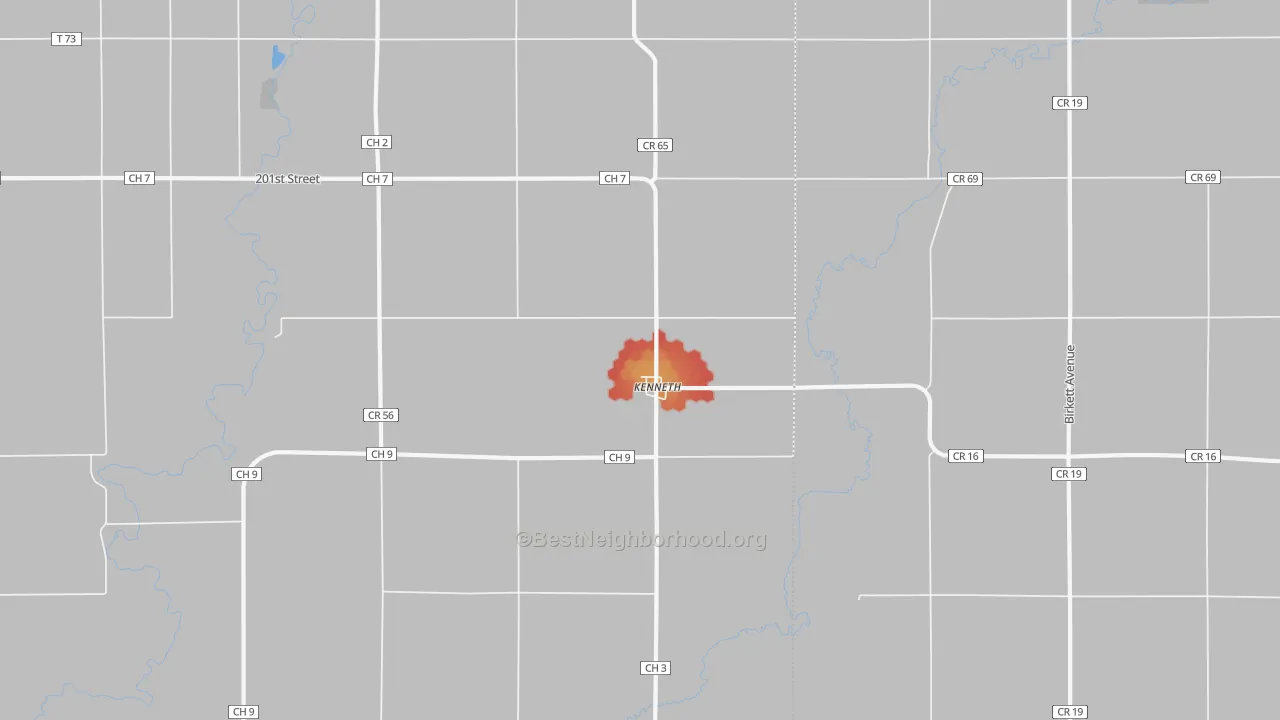 Walk Grade map of 56147, MN, walkable areas in green and car-dependent areas in red