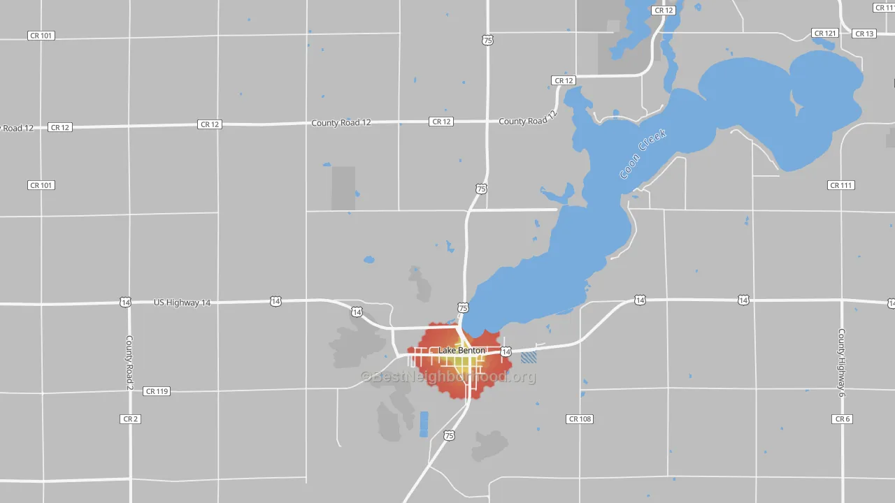 Walk Grade map of 56149, MN, walkable areas in green and car-dependent areas in red