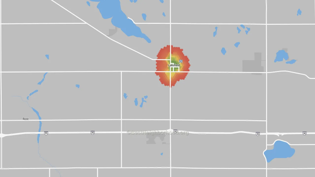 Walk Grade map of 56150, MN, walkable areas in green and car-dependent areas in red